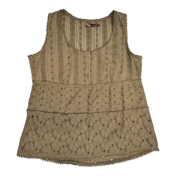 Prana Blouse Women's Medium Brown Trimmed with Lace Open Eyelet Bottom Blouse - Picture 5 of 11